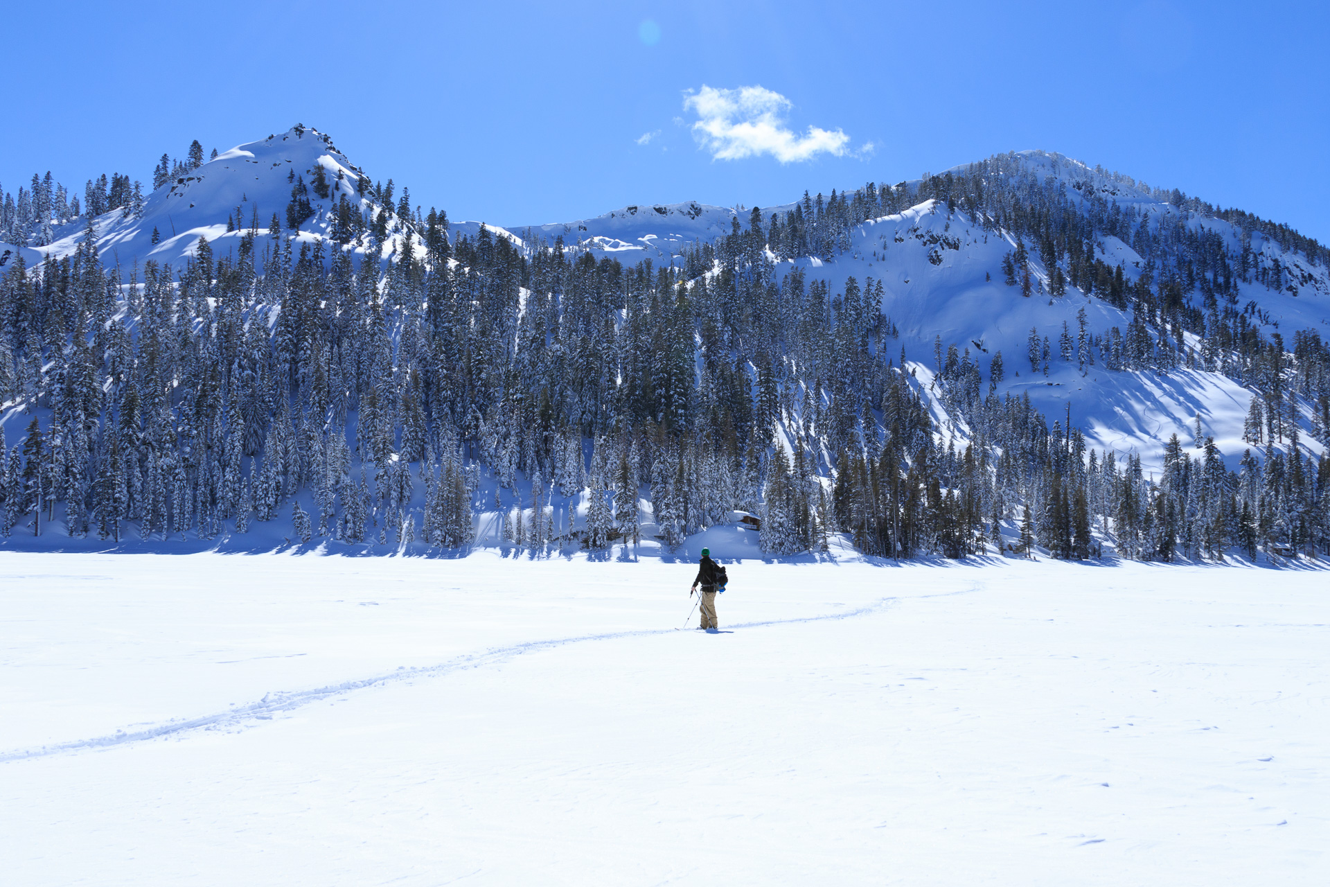 Skinning across Echo Lake and looking back at Becker Peak and Talking Mountain